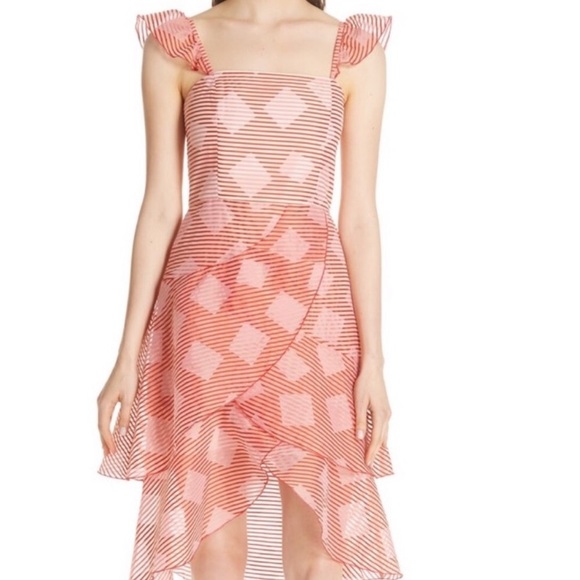 ALICE + OLIVIA Angelita Striped Ruffle Asymmetric Midi Dress - Picture 9 of 15